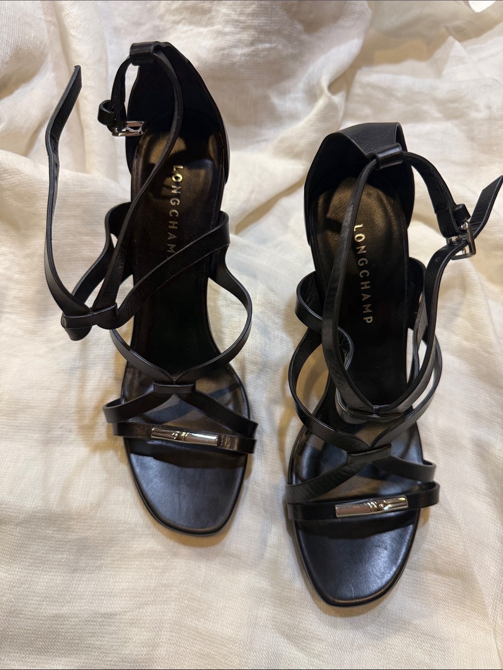 Longchamp Black Strappy Ankle-Heel Sandals